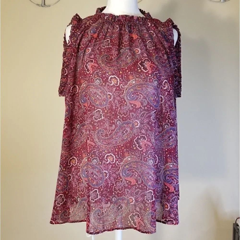 Gap Burgundy Sheer Paisley Ruffle Sleeveless High Neck Blouse Size Medium